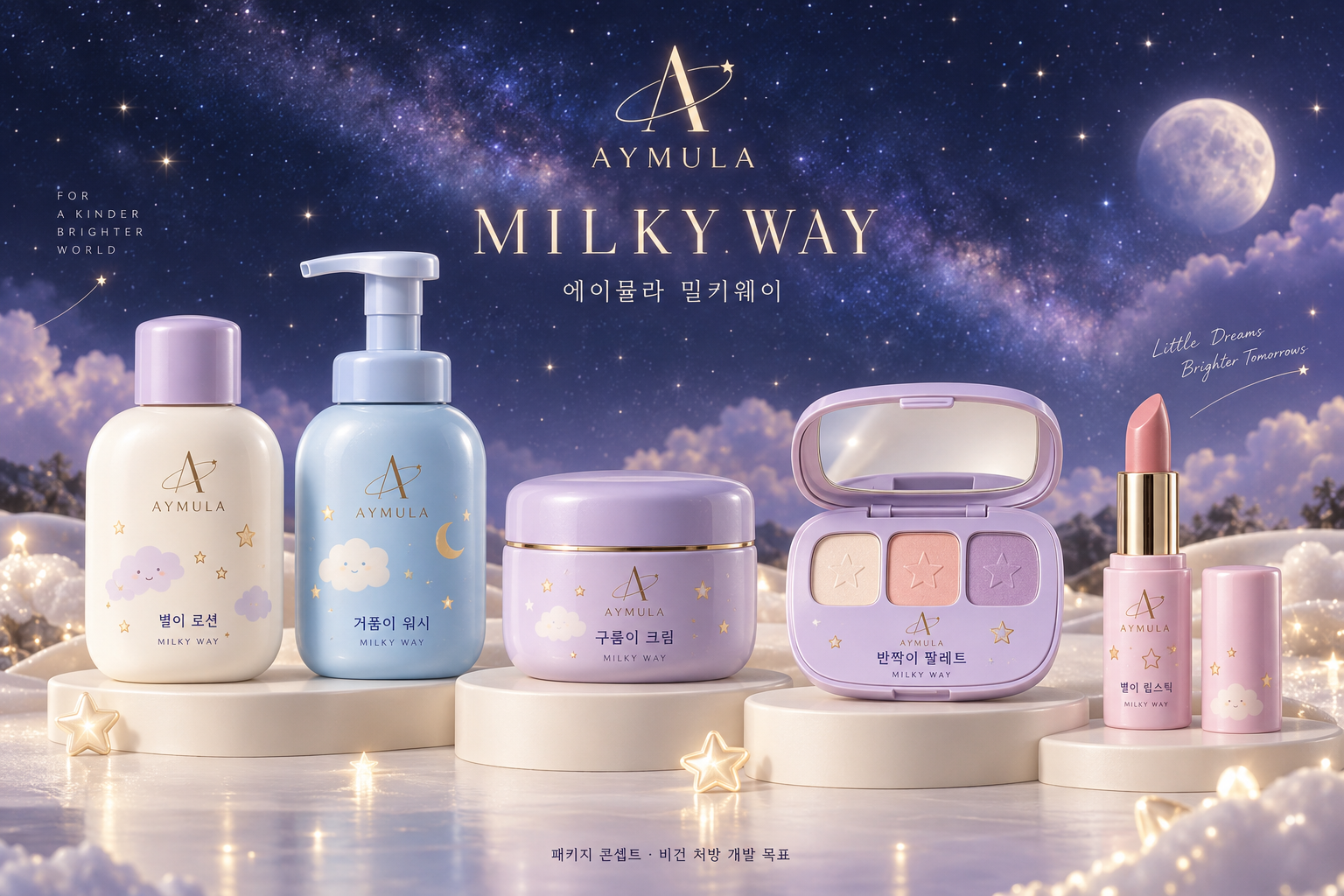 에이뮬라 밀키웨이 로션, 워시, 크림, 3색 아이섀도우 팔레트와 립스틱 패키지 콘셉트